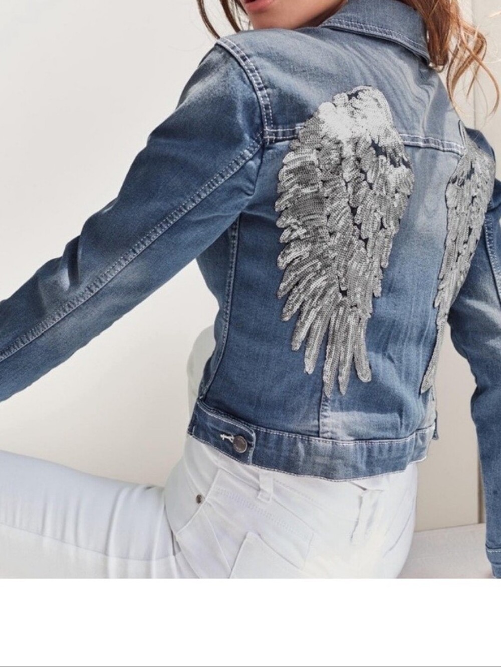 Venus Wings Cropped Sequined Denim Jacket In 2